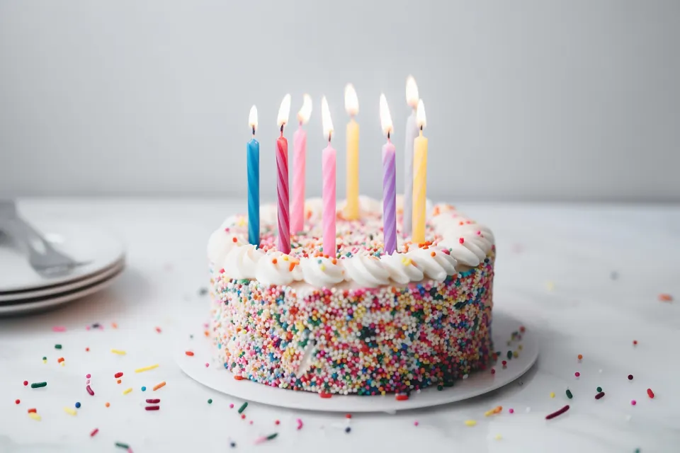 tarta de cumpleaños con velas de colores y virutas